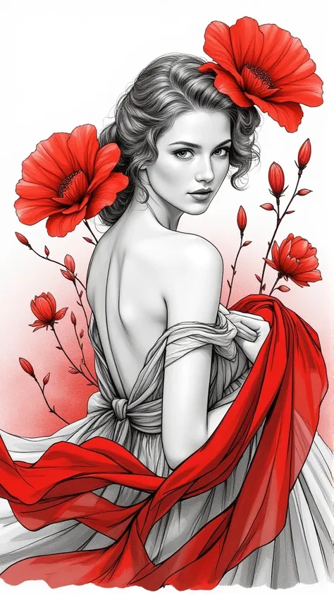 Create an exquisite illustration of a captivating woman inspired by the elegance of the 1920s, rendered in a stunning pen sketch style. The artwork should be in black and white, featuring loose brushwork and intricate pen outlines that highlight her gracef...