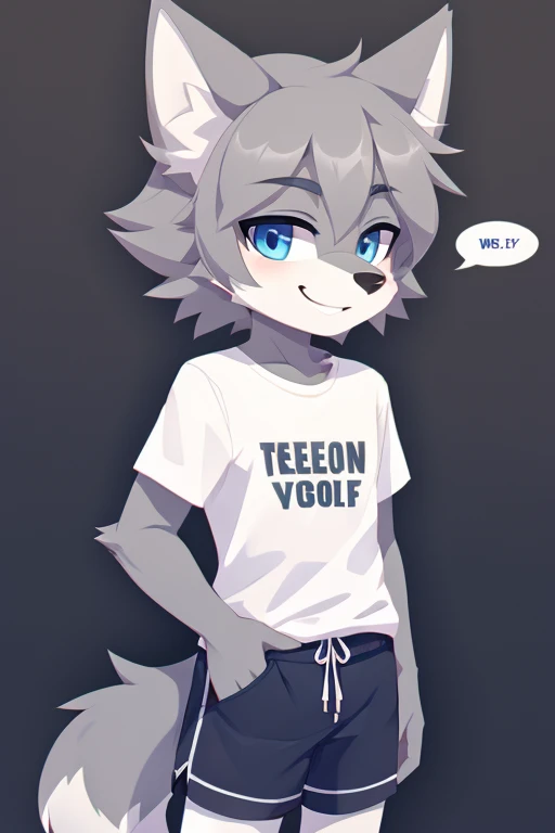 Furry boy, cute wolf, gray hairstyle, gray body, shirt, shorts, blue eyes, smile, art of speech, best quality 