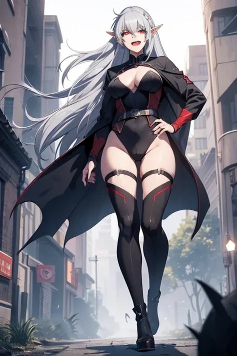 alice,vampire,grey hair, long hair, red eyes, pointy ears, large breasts,1girl, laughing, highlights, 1girl, superhero, leotard, bare legs, boots, standing, solo focus, tight belt, hands on hip, full body shot, mature lady