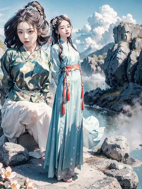 masterpiece,best quality,ancient
art,official art,aesthetic,
1girl, (full body: 1.2),solo, hanfu, dynamic posture,see through cloth, (flower blossom:1.2),jewelry,chinese,long_hair in the cloud,white smoke, misty,cyan mountain, light smile,shy, (arms behind...