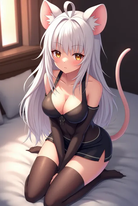 18+ anime Adult female human, with gold eyes and white hair, having on rat ears and tail, on bed on knees. Wearing tank top and skirt with thigh highs,