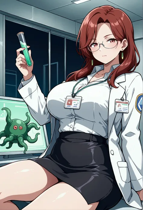 Mature sexy scientist , short skirt , scientist jacket , glasses , 40s yo , serious look , holding a datapad , in a science room , tentacle monter in a test tube