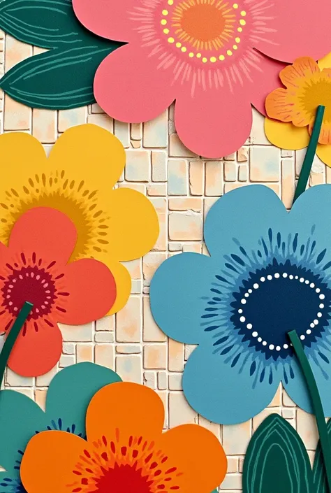 "A vibrant and playful abstract artwork featuring oversized colorful flowers in bold shades of pink, yellow, blue, and green. The design combines organic floral shapes with geometric elements, such as a mosaic-like pattern of beige and white tiles in the b...