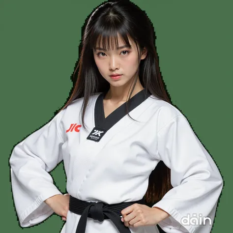 realistic, korea, muscular girl, Taekwondo uniform, huge_breasts, 1 girl, long hair, upper_body, wide_sleeves, black hair, masterpiece, highres, high_quality, super detail, looking_at_viewer