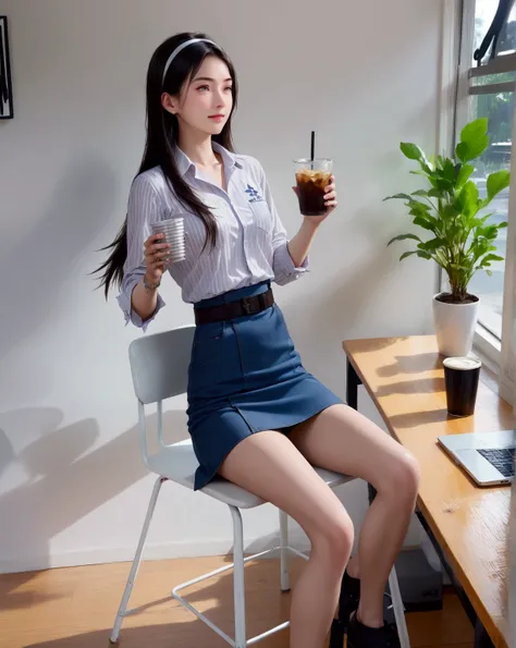 college girl, smiling with teeth,  holding a cup of drink, at cafe, desk, laptop on desk, {(+forehead, long straight hair, half up half down, black hair, hairband)}, { white half puff sleeves shirt (untucked shirt), dark denim mini skirt with black belt}, ...