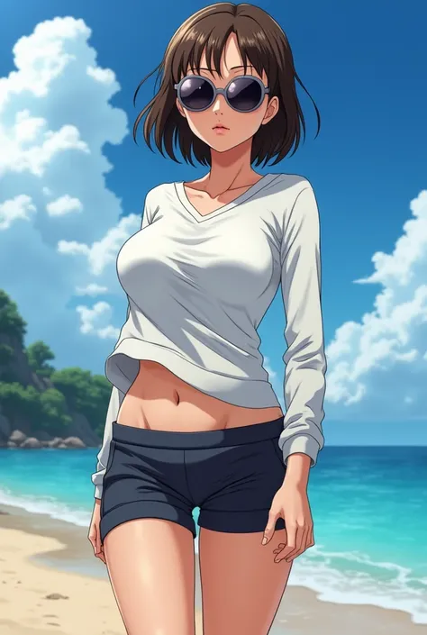  Anime-style animation one piece toei animation,  attractive girl and beautiful mature body, very busty older ,linda , with semi-short brown hair , dark and very beautiful , 29 year old fair skin ,  dressed in short shorts and a lycra under them ,  the top...