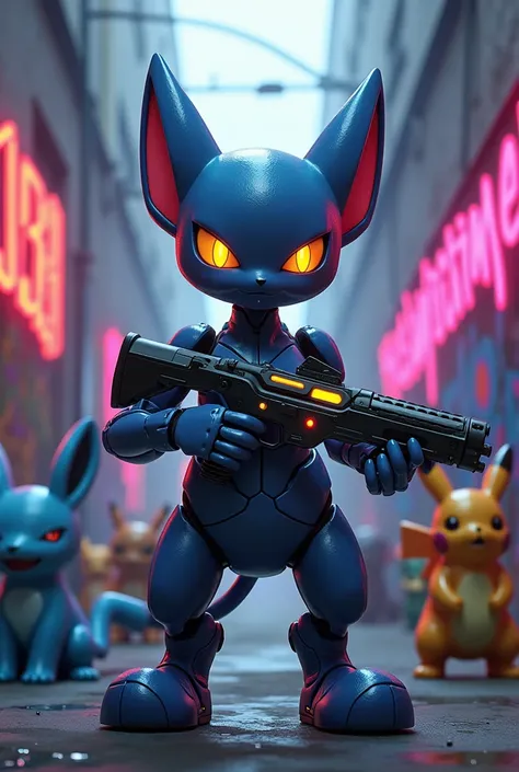 Animation mewtwo cyber ultra détaillé avec réplique airsoft et en fond plusieurs pokemon avec inscription graffiti "Fuckin  1312"