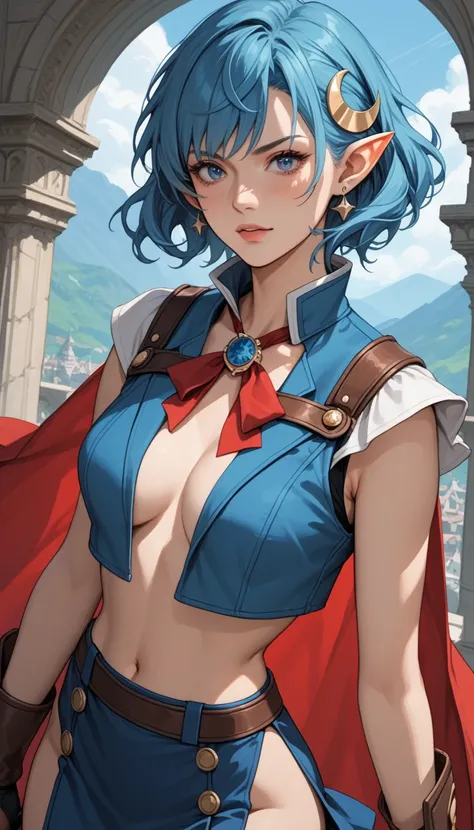 Score_9, score_8_up, score_7_up, anime, rating_questionable, rating safe, rena lanford, 1woman, slutty expression, blue hair, short hair, blue eyes, pointy ears, crescent hair ornament, red cape, blue vest, (nude chest under vest:1.37), (leather armor), re...