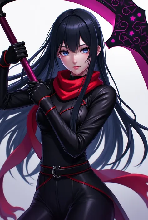 Mijaki was a Japanese  , s,  girl and had long black hair and deep blue eyes and a black uniform with red accents She also carried a dark purple scythe. red scarf 