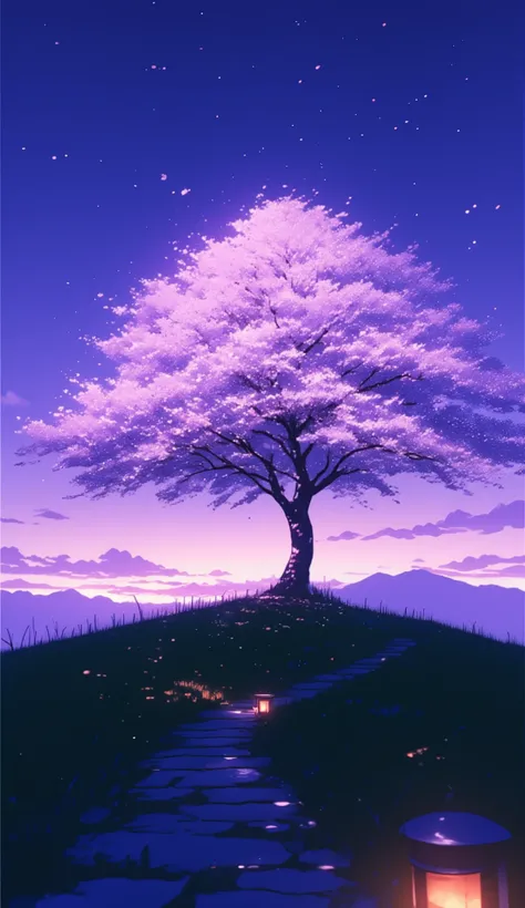 ((high quality)), ((masterpiece)), ((highly detailed)), A tranquil anime scene featuring a single sakura tree in full bloom, standing on a grassy hill under a twilight sky. The petals gently fall and scatter in the breeze, illuminated by the soft glow of a...