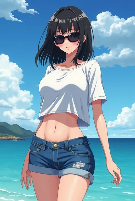  Anime-style animation one piece toei animation,  attractive girl and beautiful mature body,  with a big hip and a nice waist , mayor,linda,  VERY busty with semi-short hair and dark brown and very beautiful, 29 year old fair skin , dressed in short denim ...