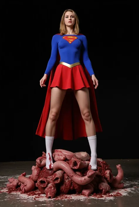 Supergirl is wearing white socks and stepping on a pile of human viscera under her feet, stepping on broken guts, extremely bloody and cruel