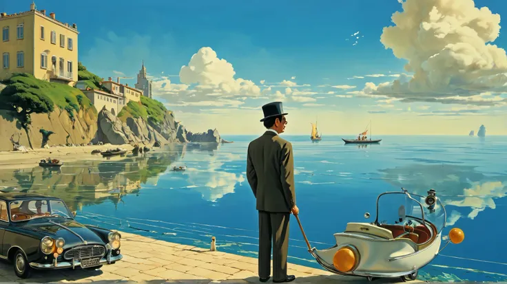 Le Voyage Fantastique, 1965, Salvador Dalí, Rene Magritte, professional photography, surreal portrait, fantasy surreal crazy funny absurd impossible travel, acrylic painting, trending on pixiv fanbox, palette knife and brush strokes, style of makoto shink...