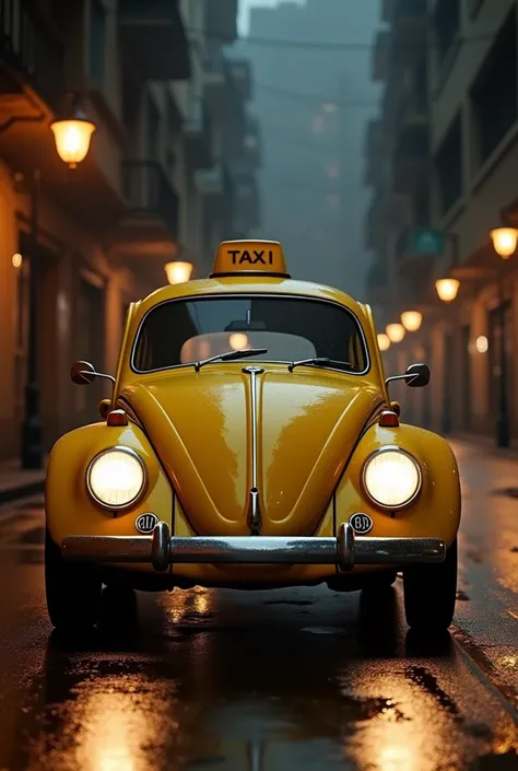 A Volkswagen taxi from the year 68 on a street at night