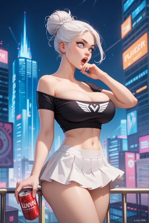 White hair, messy bun, enormous breasts, enormous butt, skinny, white eyes, covering herself up, superpower,slip off her clothes, goddess, vessel, powerful, cant control her sacred powers, in the middle of a city, award-winning, 12k, perfect anatomy, shes ...