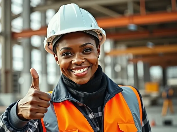 Create a highly ultra realistic image showing a black african female engineer at a construction site wearing a white hard hat and a orange safety vest with reflective stripes wearing hand gloves, her face is revealing a confident smile, and his right arm i...