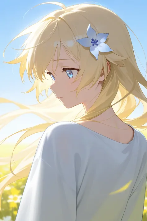  The girl whose hair grows flowers ,  has light cornflower blue eyes and blond hair, dynamics,  hair develops in the wind , bright light from behind 