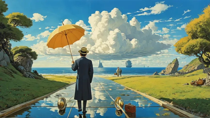 Le Voyage Fantastique, 1965, Salvador Dalí, Rene Magritte, professional photography, surreal portrait, fantasy surreal crazy funny absurd impossible travel, acrylic painting, trending on pixiv fanbox, palette knife and brush strokes, style of makoto shink...