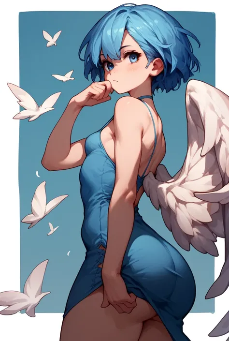 woman, blue hair, short hair, blue eyes, fair skin, white wings, blue dress with white stripes, wings, anime style,Small breasts, big ass ,From the front 