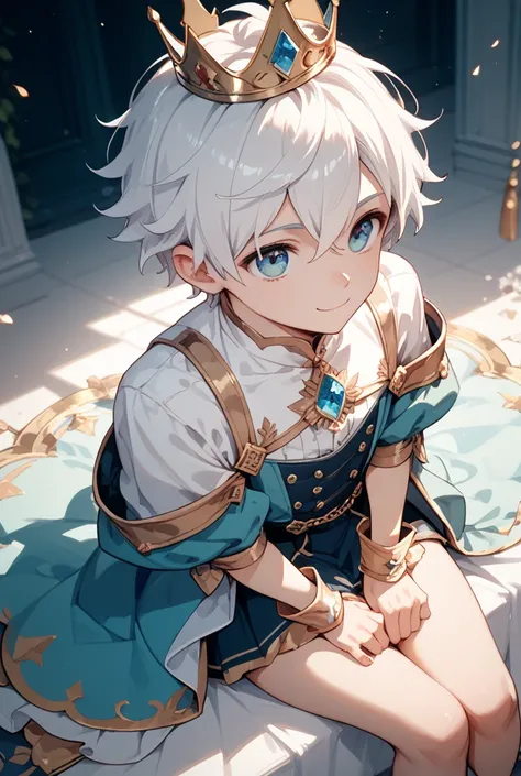 1boy, white hair, cute smile, wearing a crown, sitting with his legs crossed, looking above from low. 