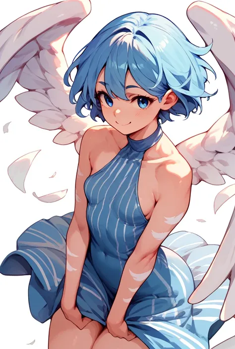 woman, blue hair, short hair, blue eyes, fair skin, white wings, blue dress with white stripes, wings, anime style,Small breasts, big ass ,From the front,Smiling 