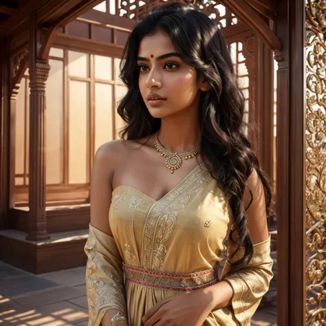 ultra-realistic photographs,Indian Instagram female model,mid 20s,9:16,mid-shot,beautiful detailed eyes,detailed lips,long eyelashes,black curly hair,naturally full eyebrows,perfectly formed nose, bare shoulders, expressive face,attractive appearance,confi...