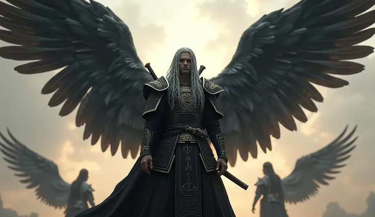  Create the hyper realistic image High resolution of 4 young angels rising from the East he is tall with black wings and large he is a very handsome and resplendent heavenly warrior, He has long silver hair with dark braids wearing black samurai warrior cl...