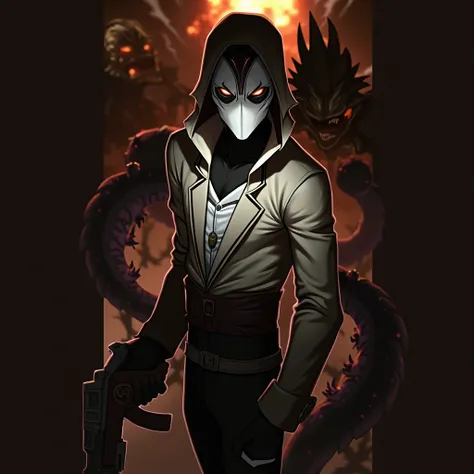 ((leage of legends Jhin )) Jhins character design with white mask, shooting, Screams, Explosions in background, gun in holster, Arcane style, highly detailed CG unity 8k wallpaper, detailed lighting, Cinematic lighting, chromatic aberration, sparkly, expre...