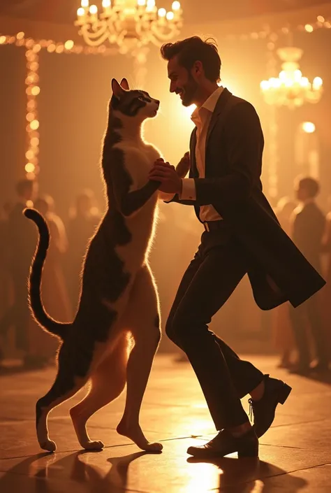 Prompt for Cat and Man Dancing Image:

A whimsical and enchanting scene of a man and a sleek, graceful cat dancing together. The man is dressed in elegant, flowing attire, moving with fluid, rhythmic steps, while the cat, with its lithe body and elegant fu...