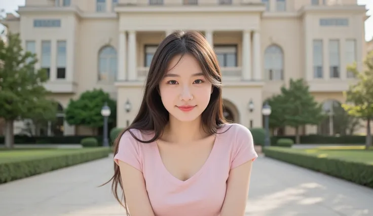  make a picture of a beautiful 18 year old girl dressed in a pink t-shirt, is sitting in front of the hotel 