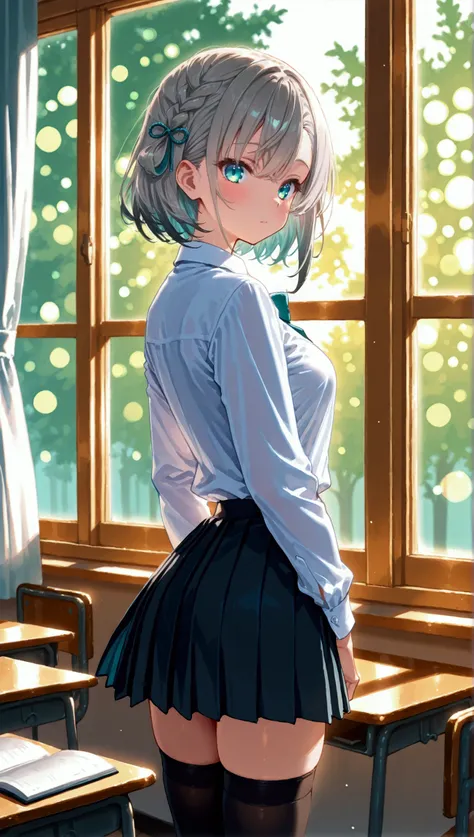 1 Girl, school girl, student, school uniform, white button shirt, pleated skirt, black thigh highs, stockings, short hair, back knot hair, grey hair, braided left side bangs, asymmetrical bangs, turquoise eyes, human, cute, hands behind back, sexy, front f...