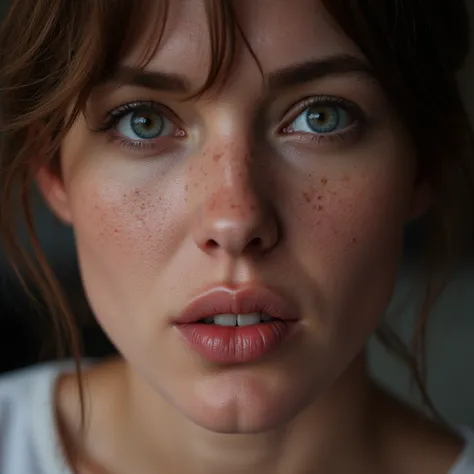 UHD, 4k, ultra detailed, cinematic, a photograph of  a closeup of a white woman with freckles on her face and a messy hair and deep pink rose lips, perfect skin, detailed skin pore, realism style, perfect image, perfect body, perfect anatomy, sharp image, ...