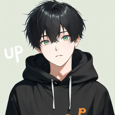 boy, Green eyes, Short hair, Black hair, black hoodie