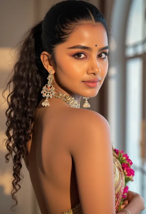 Day scene, close up photo of a sexy Indian queen, posing in a palace, big cheeks, wide open breasts, earrings, necklace, erotic face, 22 yo, ponytail, look at viewer and smile, (cinematic:1.3), intricate details, (ArtStation:1.2), fully nude, without any c...