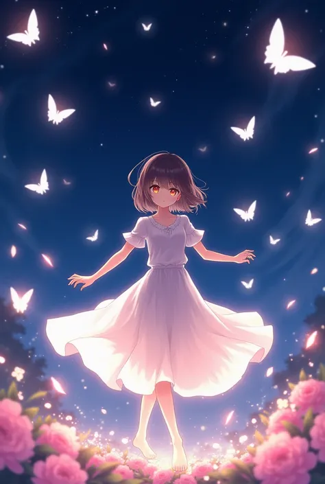 "A delicate and dreamy anime-style girl with short dark brown hair and glowing eyes, wearing a flowing white dress, dancing gracefully with glowing butterflies in a magical nighttime garden. The girl twirls elegantly, her dress flowing with the movement, w...