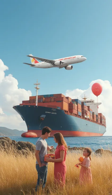  A large cargo ship stands in the background with a cargo truck in front of it .  in the sky above the ship and the truck, a cargo plane is flying on which is written :  Happy Mothers Day .  In front of the ship and truck, an image of a mother with her two...