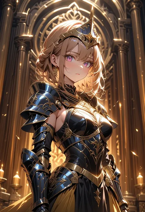 1 girl, ((beautiful female knight)), dignified, gorgeous, 
((knight armor)), (gauntlet, helmet:1.3, heavily armed), slender body, medium breasts, 
inside the castle, golden throne room, 
(cowboy shot, from front, looking at viewer, face focus), deep depth ...