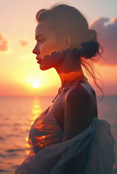 High quality, 8K Ultra HD, Beautiful double exposure combining the silhouette of a goddess and a sunset coast, The sunset coast should be the background, with its details merging into the goddess, Clear lines, Monochrome background, Sharp focus, Double exp...