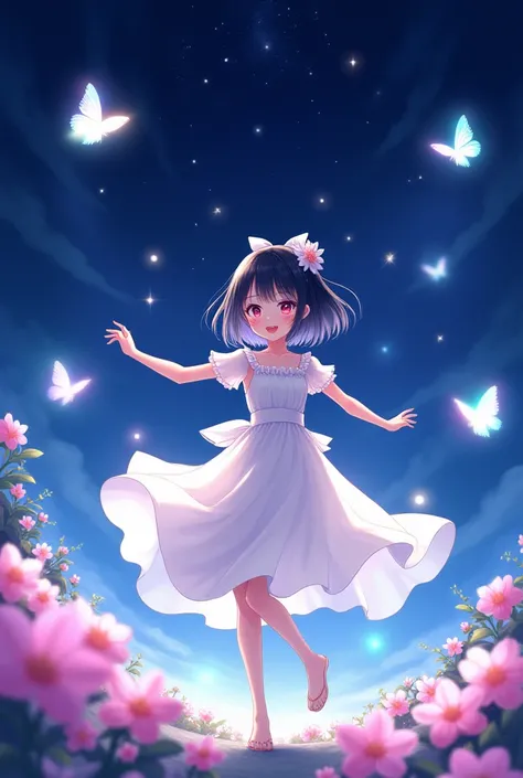 "A dreamy anime-style girl with short dark hair, wearing a light and flowing white dress with a delicate bow in her hair, dancing gracefully under a starry night sky. She is surrounded by glowing butterflies that emit soft, colorful light, creating magical...