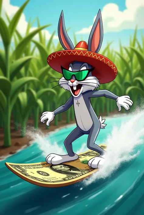 Bugs Bunny qui fait du surf sur un dollar américain avec un chapeau mexicain sur la tête des lunettes de soleil vertes dans un champ de maïs