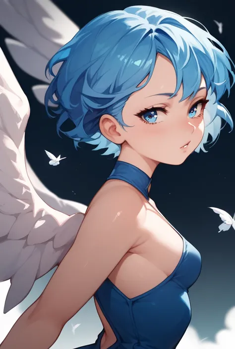 woman, blue hair, short hair, blue eyes, fair skin, white wings,long blue dress with white stripes, wings, anime style,Small breasts, big ass  