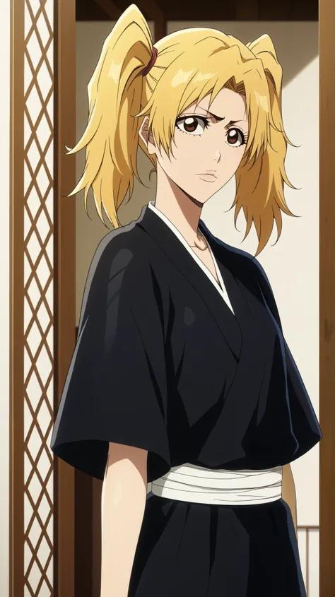 1 girl of fifteen years old , young girl , solo, anime pastor "bleach".
Appearance: brown eye , long straight light yellow hair , (two tails on the head ), sensual lips slightly open, blond hair , ((одежда синигами bleach черные косодэ и хакама,...