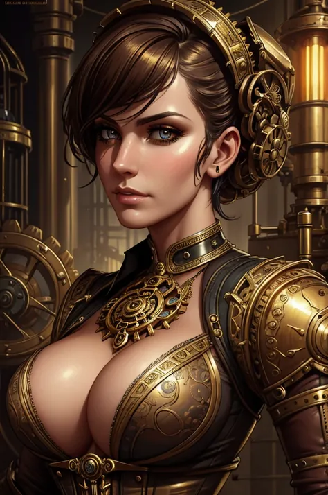 a gorgeous woman, intricate brass plating, steampunk aesthetic, highly detailed face and eyes, realistic skin texture, dramatic lighting, dynamic pose, industrial gears and machinery, Victorian era fashion, cinematic composition, photorealistic, award-winn...