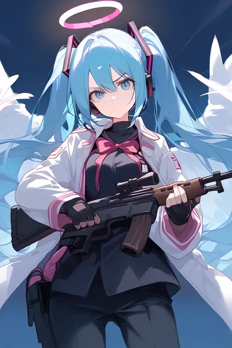 score_9, nai3 style, [Angel soldier :Miku Hatsune:0.8]  in an epic pose in the ruined city holding a rifle with a serious face