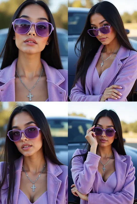 "Create a collage of four images featuring the same young woman with fair skin, long, sleek dark hair, and glowing complexion. She is styled in a wearing a purple velour tracksuit. Her outfit includes a matching lavender top underneath, accessorized with a...