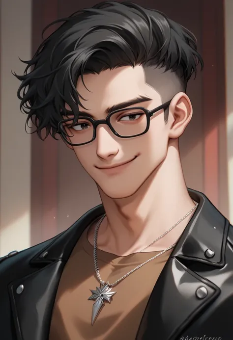 1boy, cool boy, handsome boy, upper body, black leather jacket, black glasses, (masterpiece, high texture, detail), black hair undercut hairstyle, gentle smile, look at viewers, iron necklace, 20 years old, brown shirt