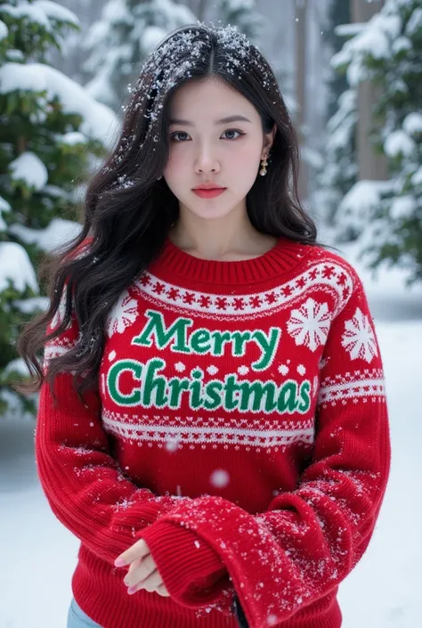 A warm winter wonderland scene: A young woman, bundled in a cozy red Christmas knit sweater adorned with intricate snowflake patterns and bold text Merry Christmas in green letters, stands amidst a serene snowy landscape, softly falling snowflakes gently d...