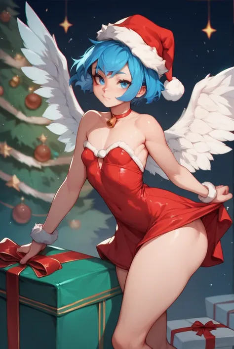 woman, blue hair, short hair, blue eyes, fair skin, white wings,long red dress With fur, Christmas hat ,wings, anime style,Small breasts, big ass ,From the front