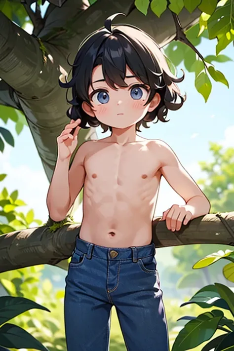  I am looking for an illustration of a shirtless boy student with white gunk on his forehead and chest high-waisted mom jeans curly hair treehouse.