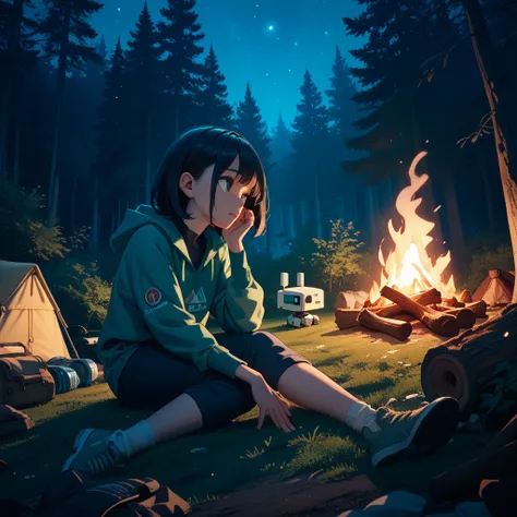 High quality, 8k, night, forest,  bonfire , Robot, female, Black hair,  cute , camping, Comfortable